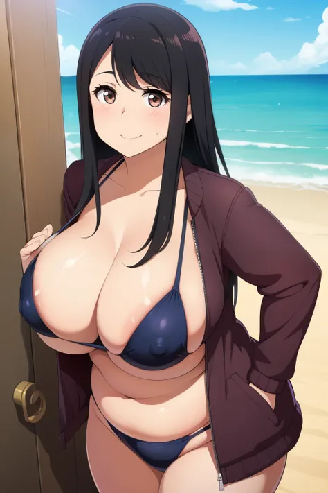 Plump year 21 big breasts black hair brown eyes happy longer hair smile blushing deredere jacket swimsuit 