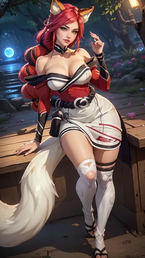 Ahri da league of legends,(best qualityer,4K,8k,high resolution, work of art:1.2)(weather: moonlight), Japanese female, spirit forest pond background, red and white long sleeve korean kimono dress, cleavage, spirit sphere, cute makeup, thigh high boots, be...