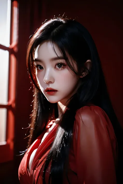 irene rv, red dress, vampire, long black hair, beautiful detailed eyes, beautiful detailed lips, extremely detailed face, longey...