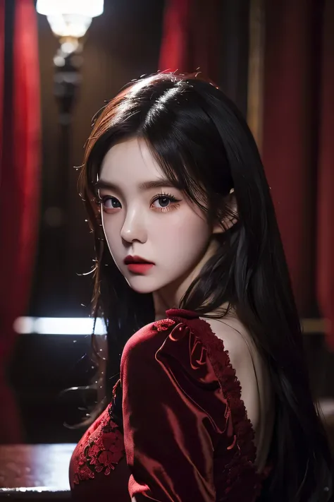 Irene. Bae irene, red velvet, A beautiful girl in a red velvet dress, detailed face, beautiful eyes and lips, photorealistic, hyper detailed, 8k, cinematic lighting, dramatic colors, moody atmosphere, intricate background details, luxurious setting