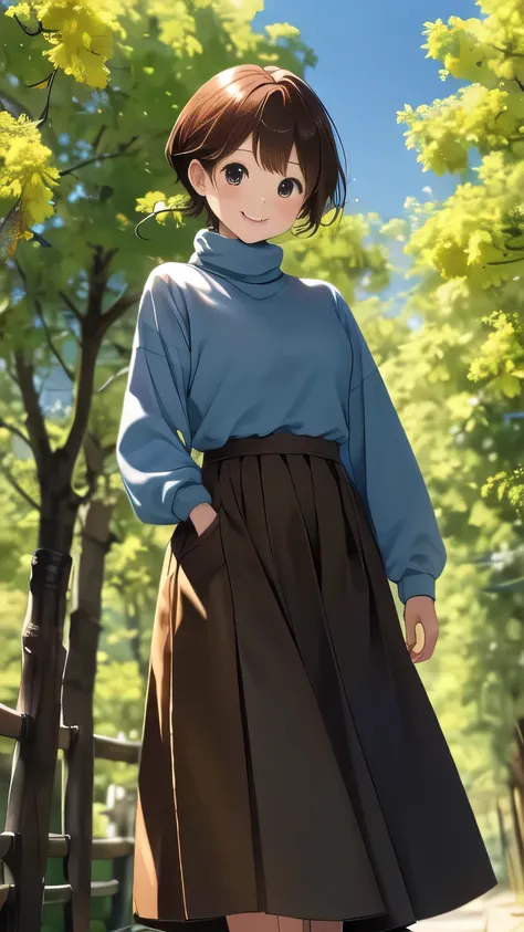 (masterpiece, Highest quality, 8k)、Cowboy Shot、One housewife、40 years old、Japanese、Walk towards here、smile、Turtleneck sweater and long skirt、、Brown Hair、Shooting from below、Ginkgo Tree Line、stroll、blue sky、