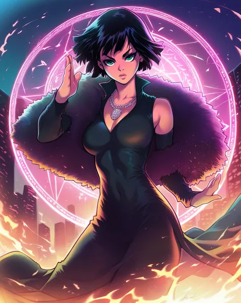 score_9, score_8_up, score_7_up, score_6_up, score_5_up, score_4_up,1girl, melkor mancin, fubuki, black hair, green eyes, short hair, black dress, dress, fur coat, high collar, jewelry, necklace, off shoulder, taut clothes, taut dress, outdoors, cityscape,...