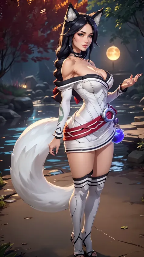 Ahri da league of legends,(best qualityer,4K,8k,high resolution, work of art:1.2)(weather: moonlight), Japanese female, dancing, spirit forest pond background, red and white long sleeve korean kimono dress, cleavage, spirit sphere, cute makeup, thigh high ...