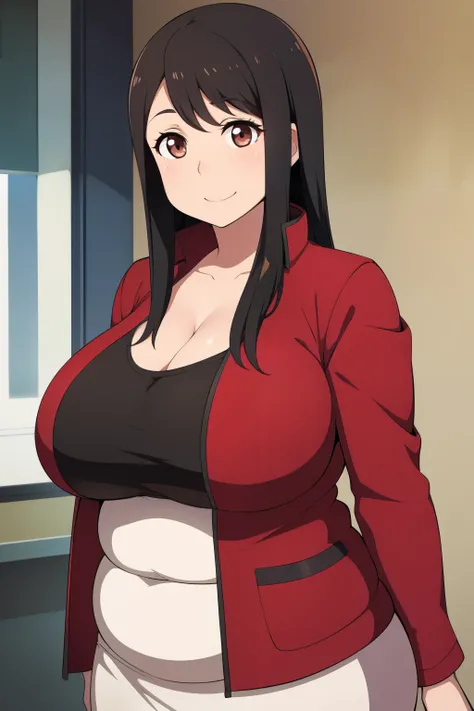 Plump year 21 big breasts black hair brown eyes happy longer hair smile blushing deredere red jacket