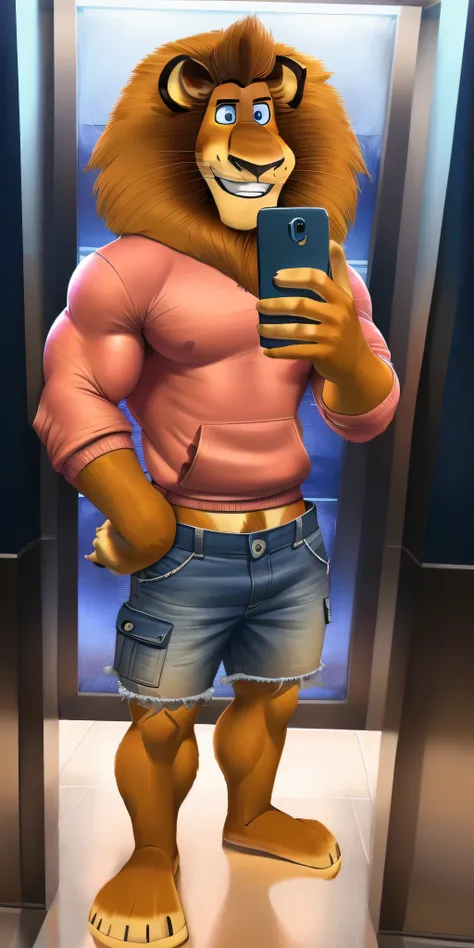 Alex the Lion, muscular body, big biceps, extremely beautiful and cute face, perfectly detailed blue eyes with perfectly detailed pupils, wears pink sweatshirt, grey denim cargo shorts, bare feet, elevator background, selfie, gentle look, cute smile