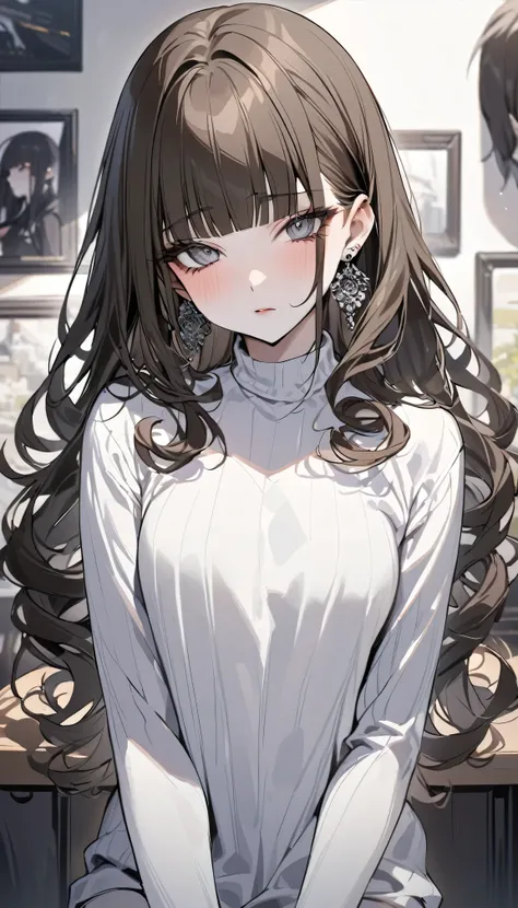 masterpiece, Highest quality, Pixiv, Cool girl, there are a lot of earrings, Earrings, Dark brown hair, Curly Hair, Blunt bangs, Straight bangs, Grey Eyes, Pale skin, Gal, Improve