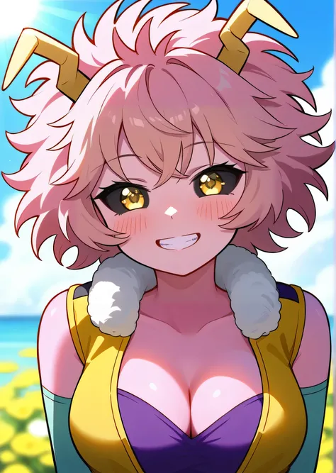 [mina ashido], [Boku no hero academia], ((masterpiece)), ((HD)), ((high res)), ((solo portrait)), ((waist up)), ((detailed shading)), ((cute cartoon aesthetic)), {(athletic figure), (pink skin), (long yellow horns), (cute eyes), (black sclera with yellow i...