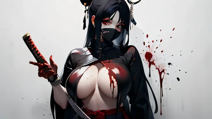  simple background, monochrome, horror (theme) there is a broken picture, black paint splatted, red blood splatted, smoked, red blood  (((anime girl character))), big boobies, wearing a mask, (((she is holding a bloody samurai sword)))