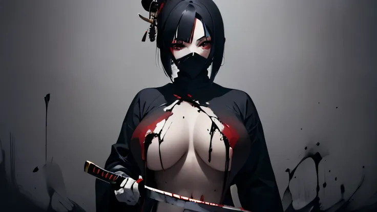  simple background, monochrome, horror (theme) there is a broken picture, black paint splatted, red blood splatted, smoked, red blood  (((anime girl character))), big boobies, wearing a mask, (((she is holding a bloody samurai sword)))