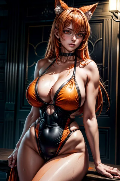 ameri, choker, pointy ears, wolf ears, (orange hair:1.4), (orange eyes:1.5), long hair, (large breasts:1.2), thicc thighs, curvy hips, tanlines,
BREAK, (competition swimsuit),
BREAK looking at viewer, night, (sweaty body), ((smirk)), (sweaty:1.3), (from be...