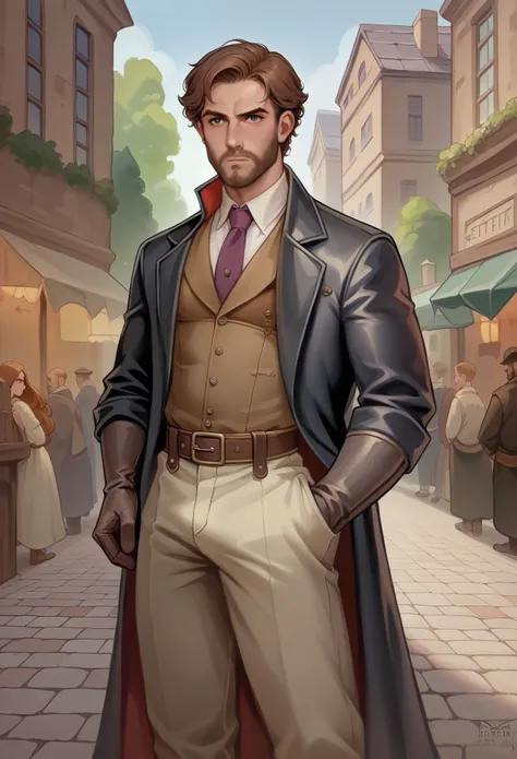 "Create an image of a male character standing and looking directly at the camera. He has a well-groomed brown beard and medium-length brown hair. His attire is a fusion of medieval and futuristic styles: a long, dark coat with intricate embroidery, a high-...