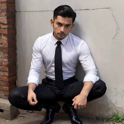 Age 35、One Man、Black Shirt、Red tie、black slim trousers、Mountain hut。Spread your legs、Crouching against a wall、Muscular, ,buzz cut、Stubble、Sri Lankan face　Menacing look　The crotch area of my trousers is swollen　View from above