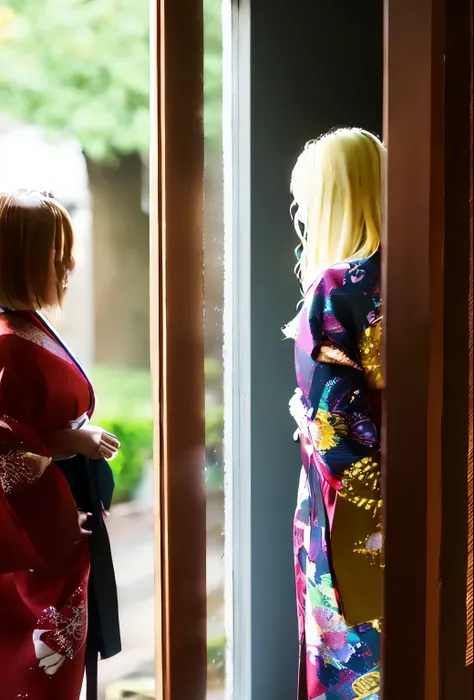 london, japanese kimono, two women, blonde, back view