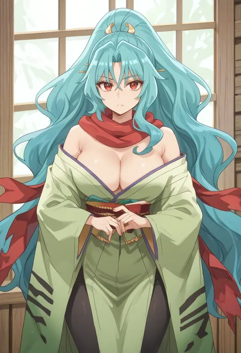 green kimono long hair aqua hair ponytail red eyes red scarf,big breast,tight cloths,narrow waist,wide hips