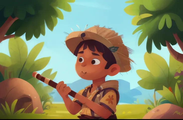 An indigenous boy playing a flute,