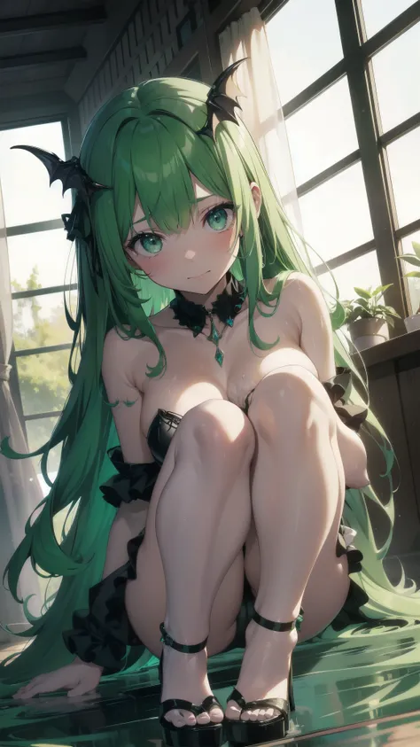 ，High heel，stringy viscous liquid，underwear，succubus，Green Hair，close up，transparent，Soaked，shy