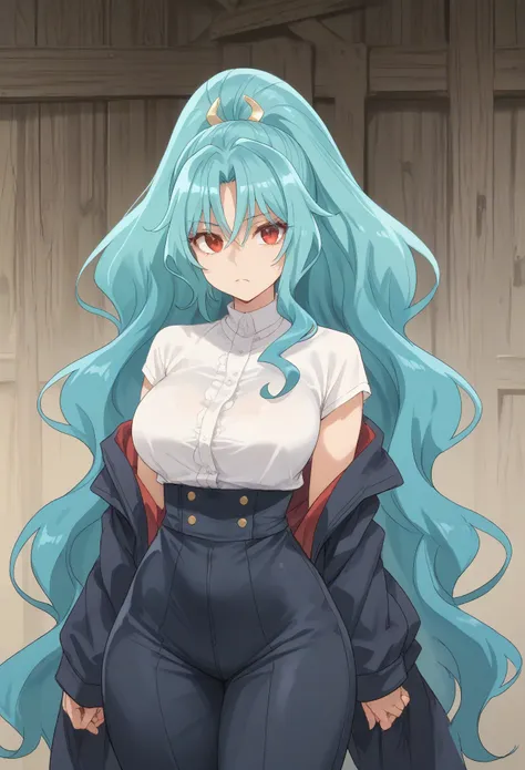 ong hair aqua hair ponytail red eyes,big breast,tight cloths,narrow waist,wide hips