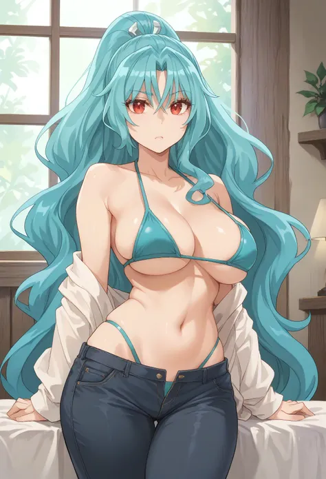 long hair aqua hair ponytail red eyes,big breast,tight cloths,narrow waist,wide hips,bikini
