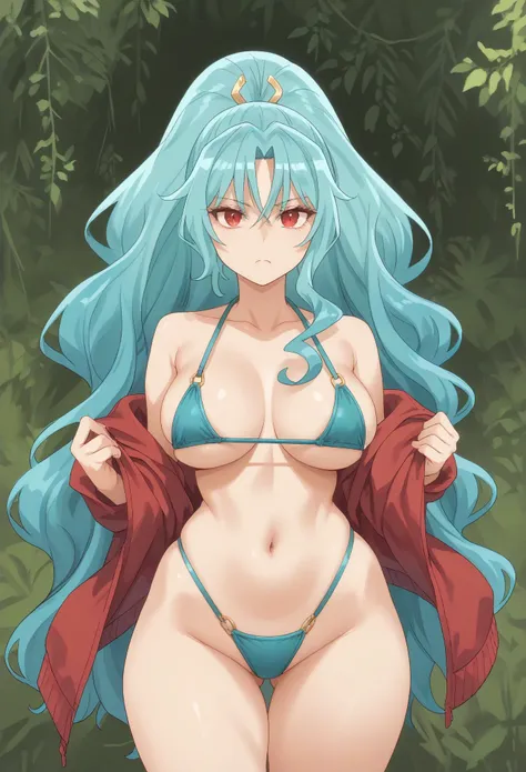 (negative_v2 Color_Balance_Calibration:0.8),long hair aqua hair ponytail red eyes,big breast,narrow waist,wide hips,((bikini))
