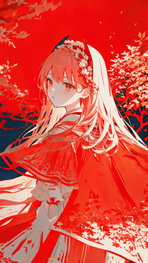 teacher、limited palette、colourfull、landscapes、woman in wedding dress、the woods、natta、red flowers、red leaves、detailed background、...