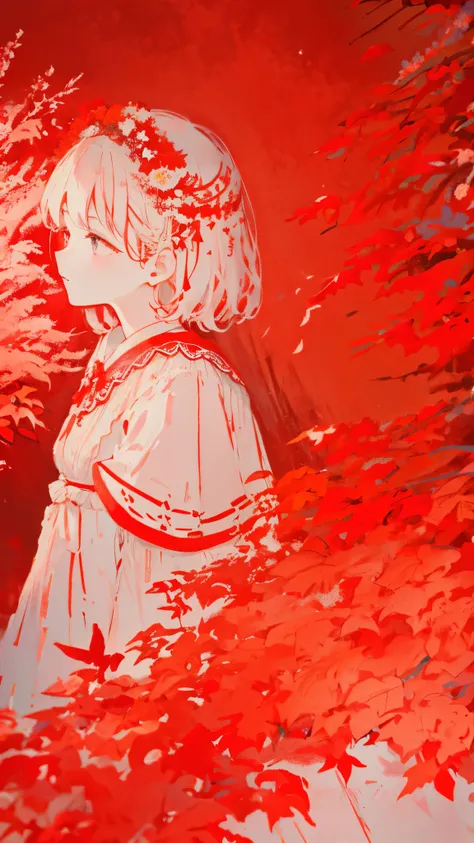 teacher、limited palette、colourfull、landscapes、woman in wedding dress、the woods、natta、red flowers、red leaves、detailed background、...