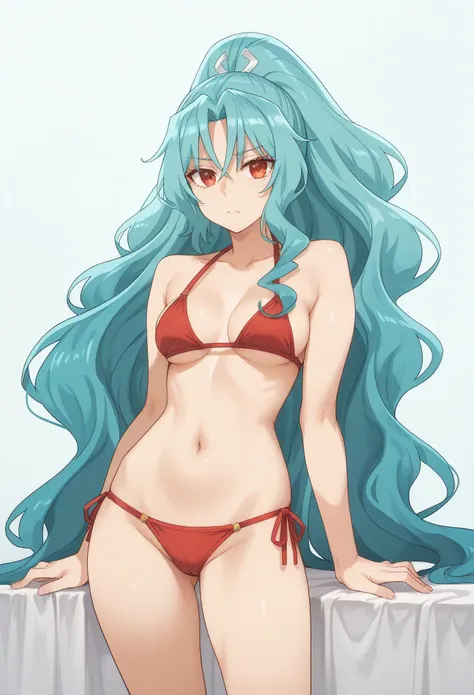 (negative_v2 Color_Balance_Calibration:0.8),long hair aqua hair ponytail red eyes,((bikini))
