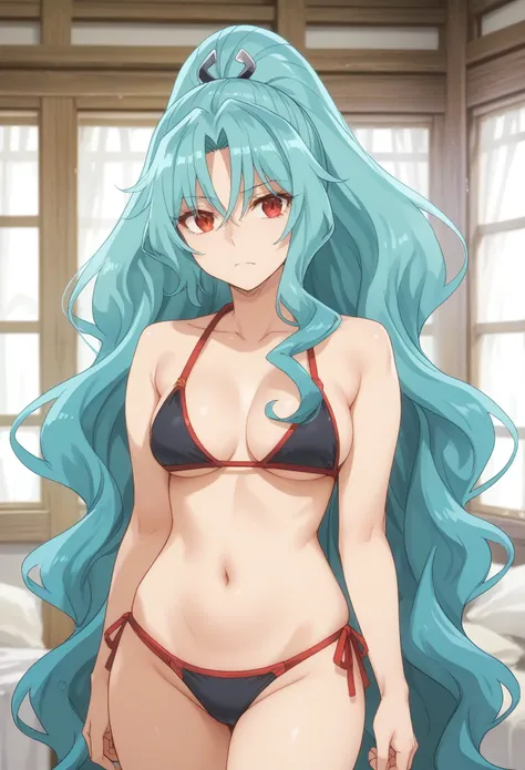 (negative_v2 Color_Balance_Calibration:0.8),long hair aqua hair ponytail red eyes,((bikini))
