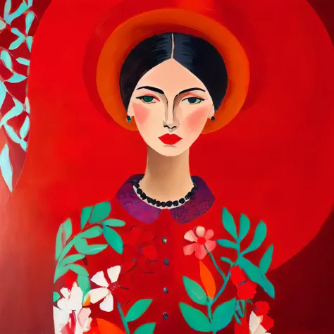 a painting of a woman with a red hat and a flowered shirt, inspired by Kahlo, inspired by Frida Kahlo, painting of a woman, modern portrait, by Keren Katz, folkloric illustration, inspired by Emily Murray Paterson, inspired by Henri Matisse, inspired by Lu...