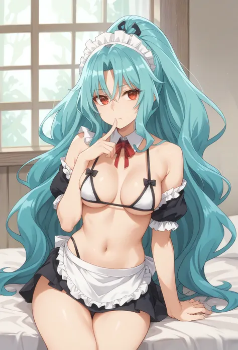 (negative_v2 Color_Balance_Calibration:0.8),long hair aqua hair ponytail red eyes,((maid bikini))
