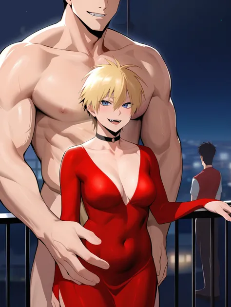 score_9, score_8_up, source_anime, standing, hellsing, seras, blonde hair, nude, indoors, night, night sky, nighttime, vampire, smirk, fangs, ikuchan, balcony, town background, nude male, huge penis, huge testicles, muscular male, medium breasts, boyfriend...