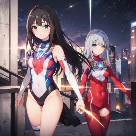 (​masterpiece、top-quality、in 8K、hight resolution:1.2)、Alone、1girl in、 Rin Shibuya, A slight smil、taut clothes、cowboy  shot、Look at viewers、battle posture、Hero Suit、body suit、tight suits、(nffsw :1.0), ultraman bodysuit、Trained abs、Trained biceps、glowing gem...