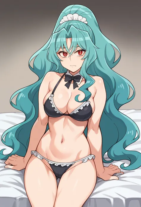 (negative_v2 Color_Balance_Calibration:0.8),long hair aqua hair ponytail red eyes,((maid bikini))
