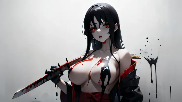  simple background, monochrome, horror (theme) there is a broken picture, black paint splatted, red blood splatted, smoked, red blood  (((anime girl character))), big boobies, wearing a mask, (((she is holding a bloody samurai sword))), (((dismembered corp...