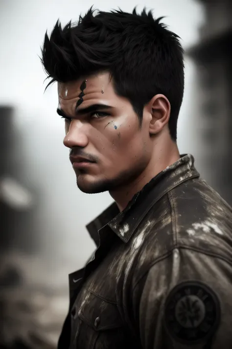 Taylor Lautner as a warrior, angry, sweaty, aggressive, torn clothes, dirty, messy, aggressive pose, photo realistic, dynamic lighting, bokeh, rugged, scars, (closed mouth), glaring eyes, scars, cuts, bruises