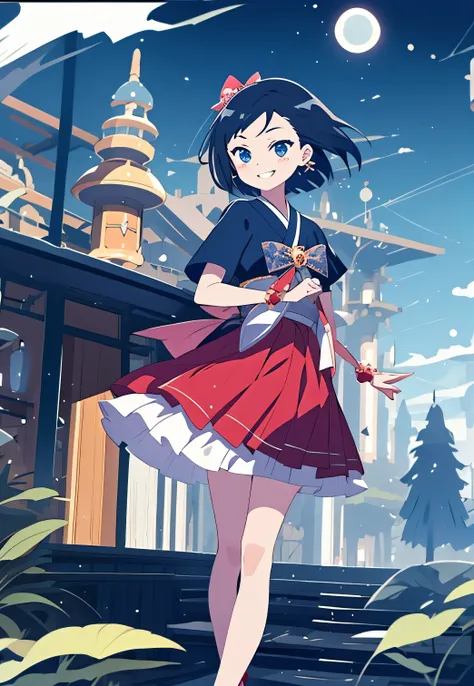 minimalism,1girl, beautiful, smile, mahou shoujo, magical girl, pleated skirt, japanese scene, bows, frills, ruffles