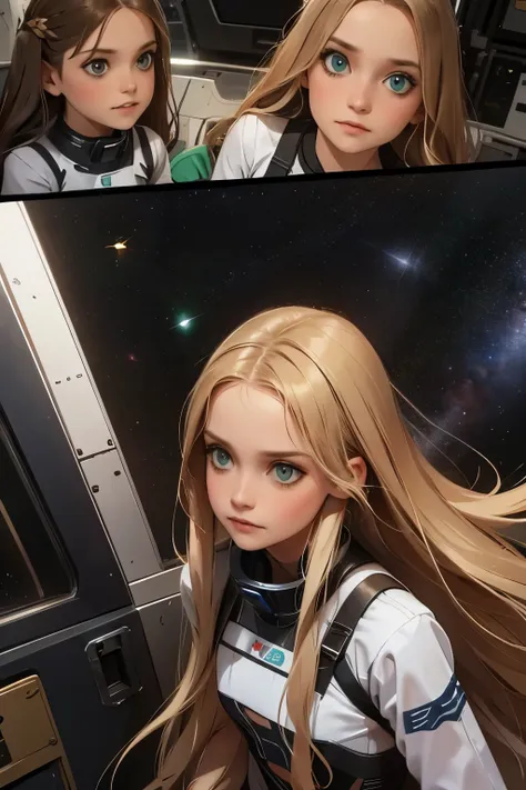 two little girls and a mother in a space station, a with long blond hair, a with long brown hair. mom with long hair and dark gr...