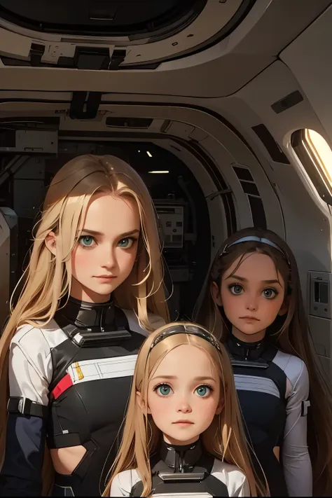 two little girls and a mother in a space station, a with long blond hair, a with long brown hair. mom with long hair and dark gr...