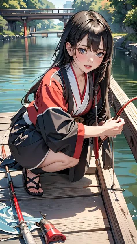 ((masterpiece, highest quality, Highest image quality, High resolution, photorealistic, Raw photo, 8K, Extremely detailed CG unified 8k wallpaper)), Fishing Samurai girl, black hair tied back, detailed beautiful face, detailed female hands, wearing red kim...