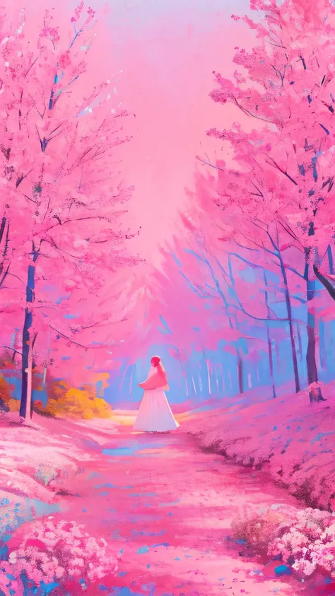 teacher、limited palette、colourfull、landscapes、Woman in wedding dress、the woods、natta、Pink flowers、pink leaves、Detailed background、​masterpiece、top-quality、