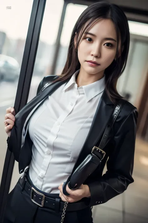 a woman in a suit, belt, hands behind back, sweating, suspenders, black pants, sexly, large breasts, see-through clothing, rain,...