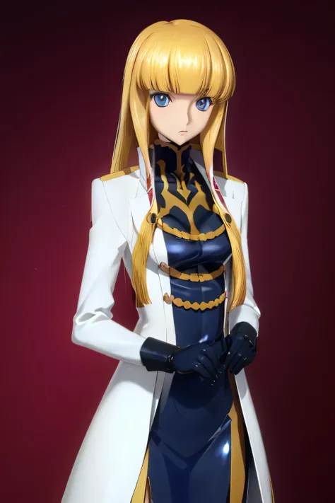 highest quality,highest resolution,(((blue shiny military uniform　blonde　dark blue eyes)))　code geass　monica　long hair　straight　...