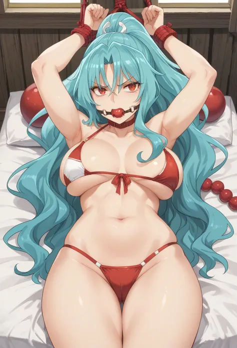 long hair aqua hair ponytail red eyes,slit pupils,big breast,((bikini)),disgust,looking disgusted,((restrained,tied wrist,tied up,red ball gag)),arms up,on the bed
