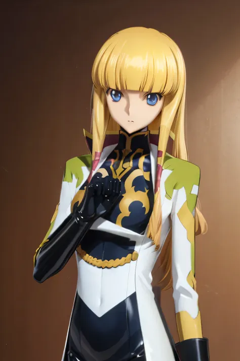 highest quality,highest resolution,(((latex military uniform　blonde　dark blue eyes)))　code geass　monica　long hair　straight　expre...