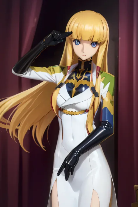 highest quality,highest resolution,(((latex military uniform　blonde　dark blue eyes)))　code geass　monica　long hair　straight　expre...