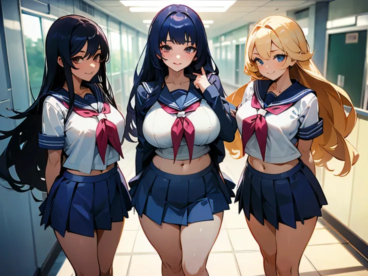 Three sensual girls, The same seraphk, belly button, Blue short skirt, Wicked Smile, School corridor, Natural light, detailed, Bully, Sexy pose