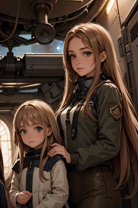 two little girls and a mother in a space station, a with long blond hair, a with long brown hair. Mom with long hair and dark green eyes