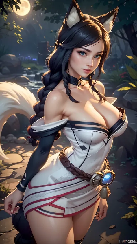 Ahri da league of legends,(best qualityer,4K,8k,high resolution, work of art:1.2)(weather: moonlight), Japanese female, spirit forest pond background, red and white korean kimono dress, cleavage, spirit sphere, cute makeup, thigh high boots, belt, long sil...