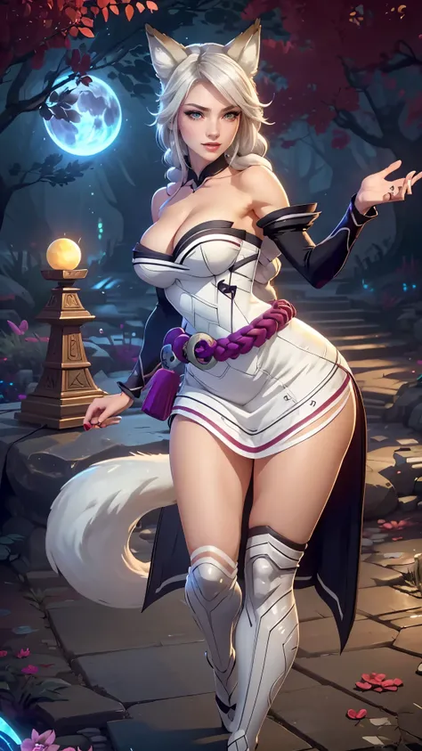 Ahri da league of legends,(best qualityer,4K,8k,high resolution, work of art:1.2)(weather: moonlight), Japanese female, spirit forest pond background, red and white korean kimono dress, cleavage, spirit sphere, cute makeup, thigh high boots, belt, long sil...