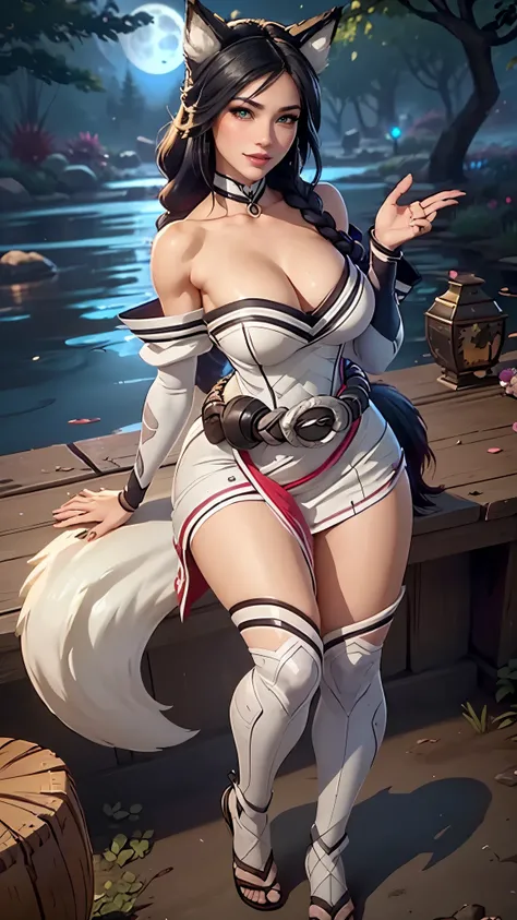 Ahri da league of legends,(best qualityer,4K,8k,high resolution, work of art:1.2)(weather: moonlight), Japanese female, spirit forest pond background, red and white korean kimono dress, cleavage, spirit sphere, cute makeup, thigh high boots, belt, long sil...