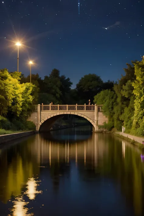 group of boys and girls near a bridge on a summer night,